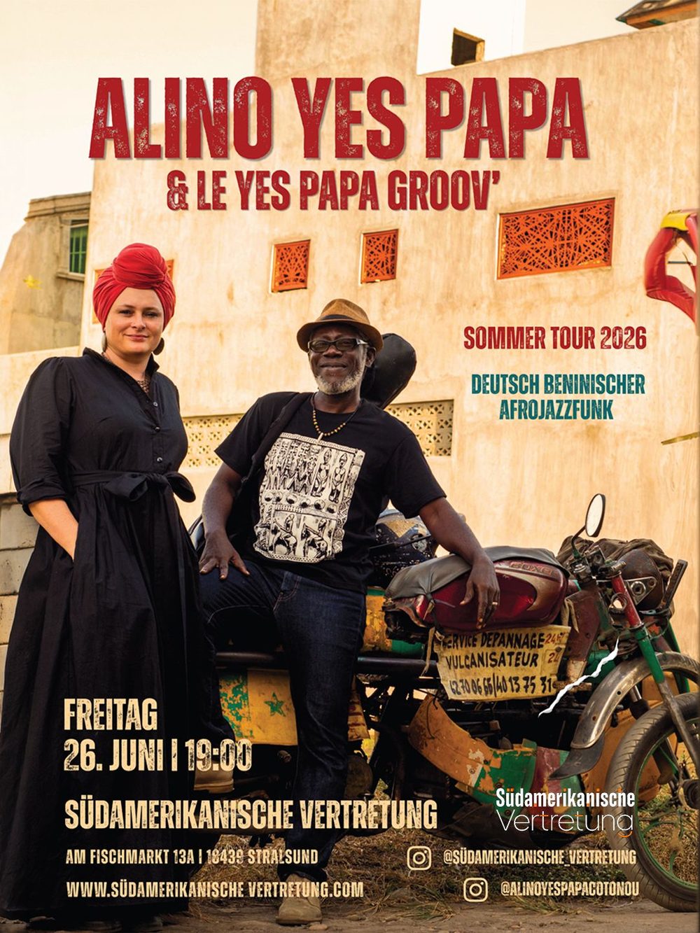 Flyer: Alino Yes Papa & Le Yes Papa Groov' — Deutsch-Beninischer Afrojazzfunk, Freitag 26. Juni 19 Uhr