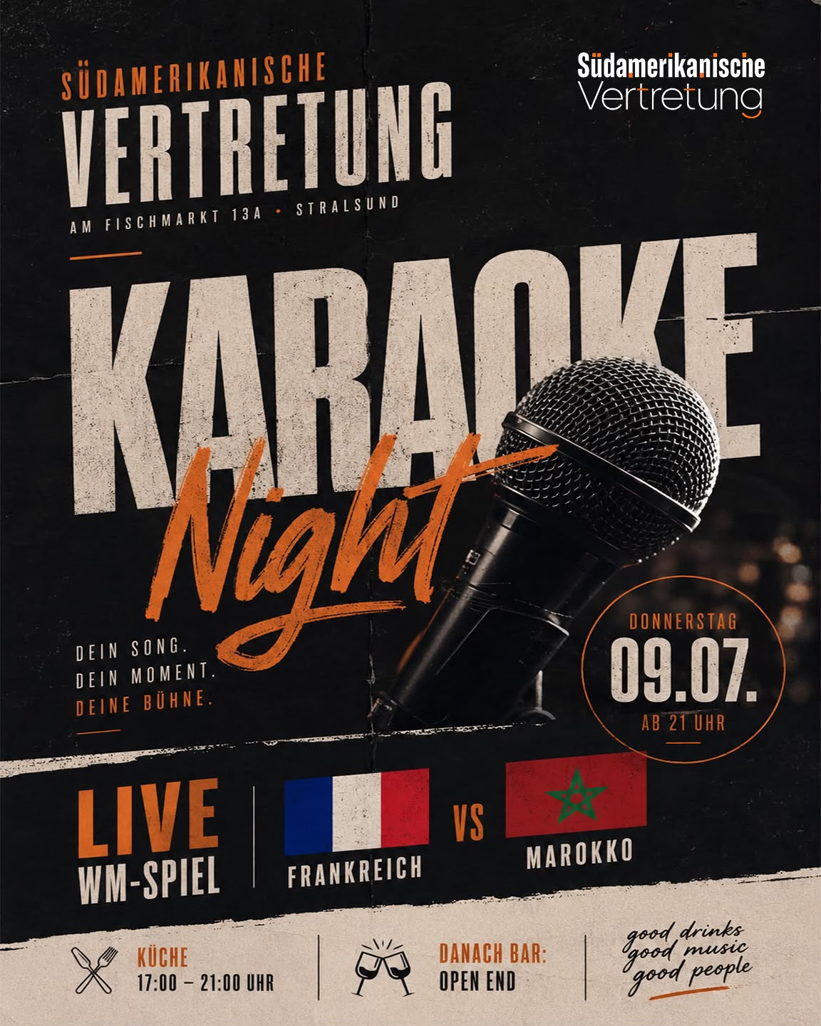 Flyer: Karaoke Night plus WM-Live Frankreich gegen Marokko, Donnerstag 9. Juli ab 21 Uhr