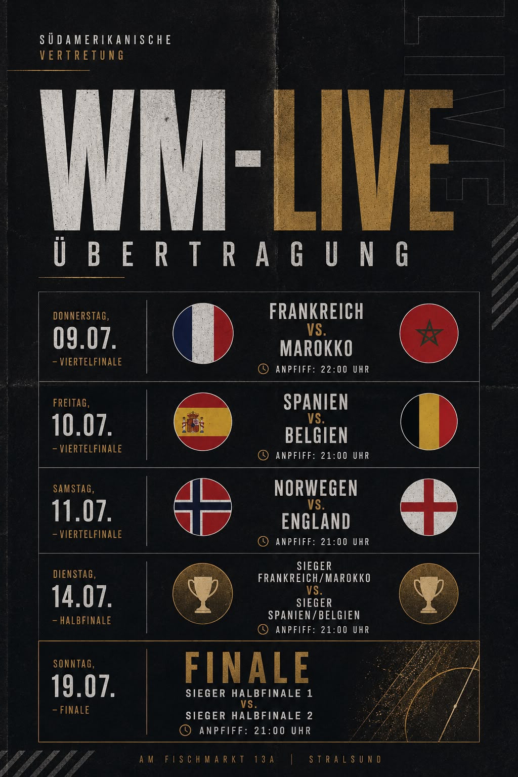 Übersicht WM-Live-Übertragung: Viertelfinale 9.–11. Juli, Halbfinale 14. Juli, Finale 19. Juli
