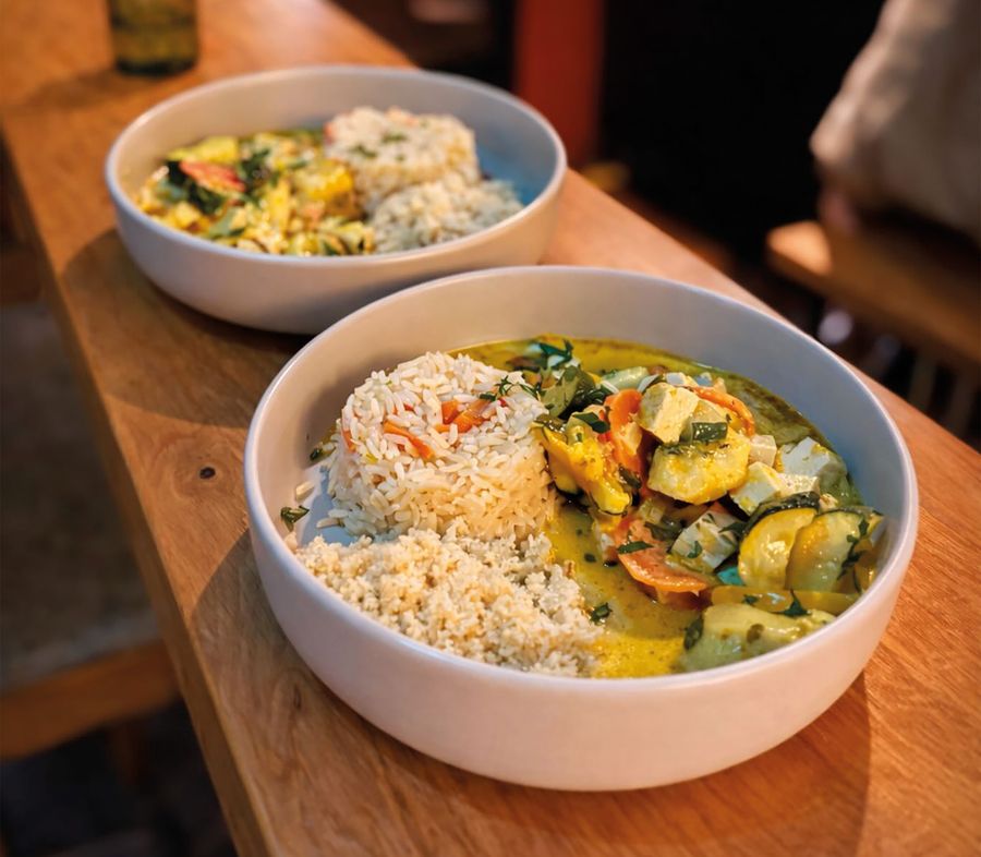 Moqueca de Banana mit Reis in zwei Schalen