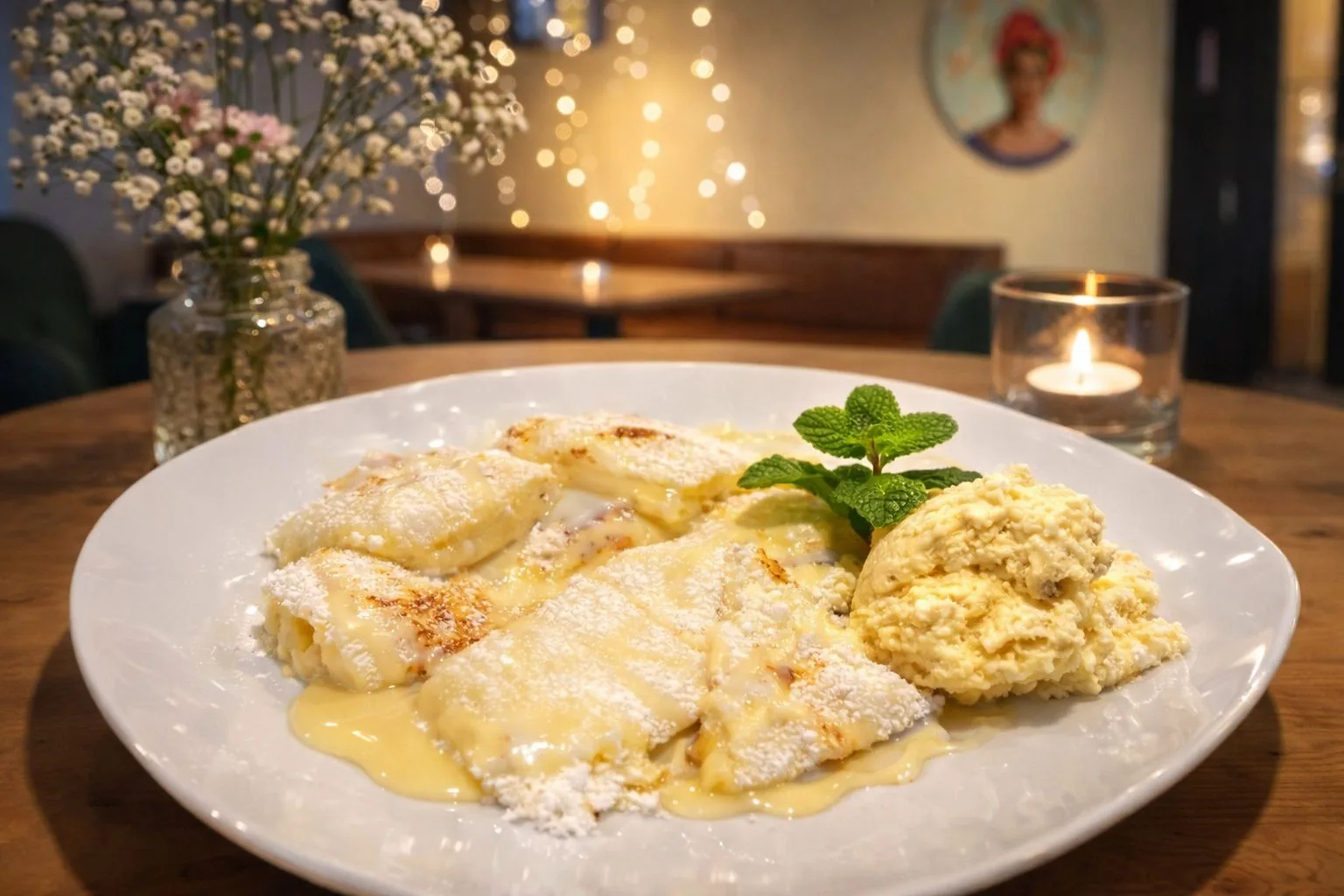 Tapioca-Dessert mit Kondensmilch, Puderzucker und Vanilleeis bei Kerzenlicht