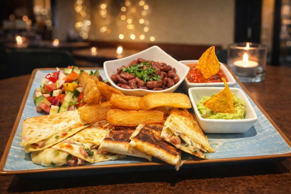 Abendküche-Platte mit Quesadilla, Maniok-Pommes, Bohnen, Guacamole und Salsa bei Kerzenlicht